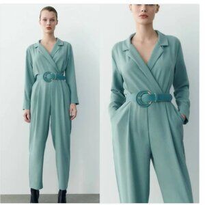 Zara Jumpsuit Belted Long Sleeve Teal Blue Green